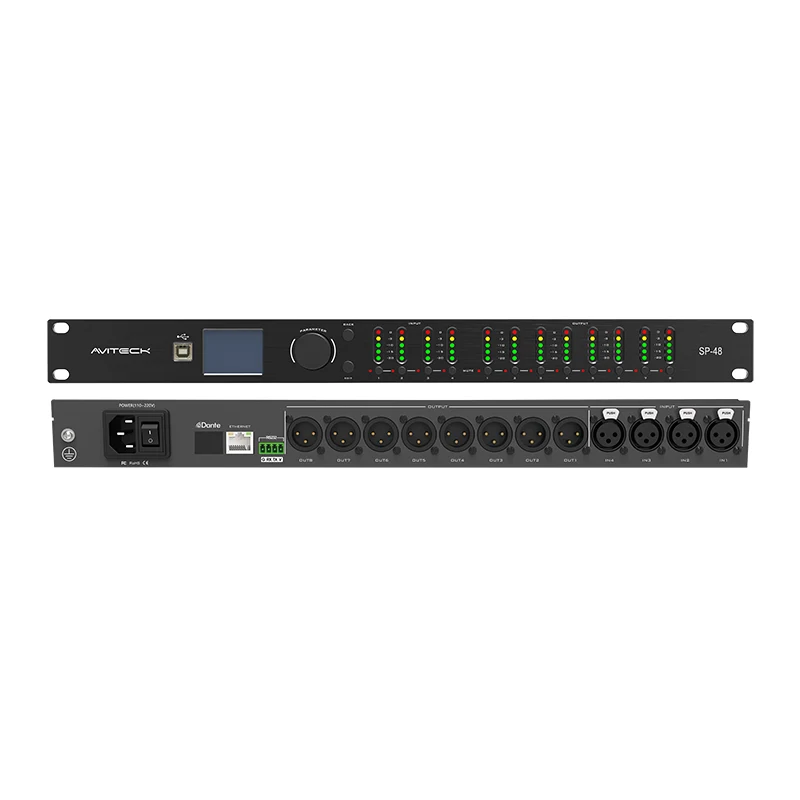 ¿Cómo mejora un procesador de gestión de altavoces de 4 entradas y 8 salidas el control del sistema de sonido?