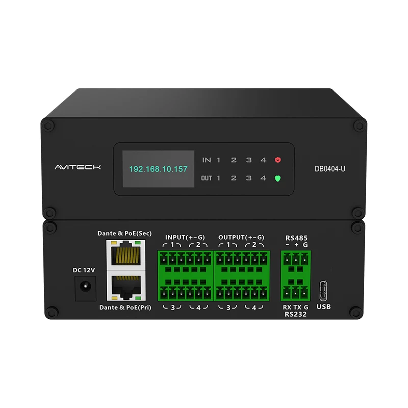 Caja de procesador de audio de red de Dante 4 en 4 fuera
